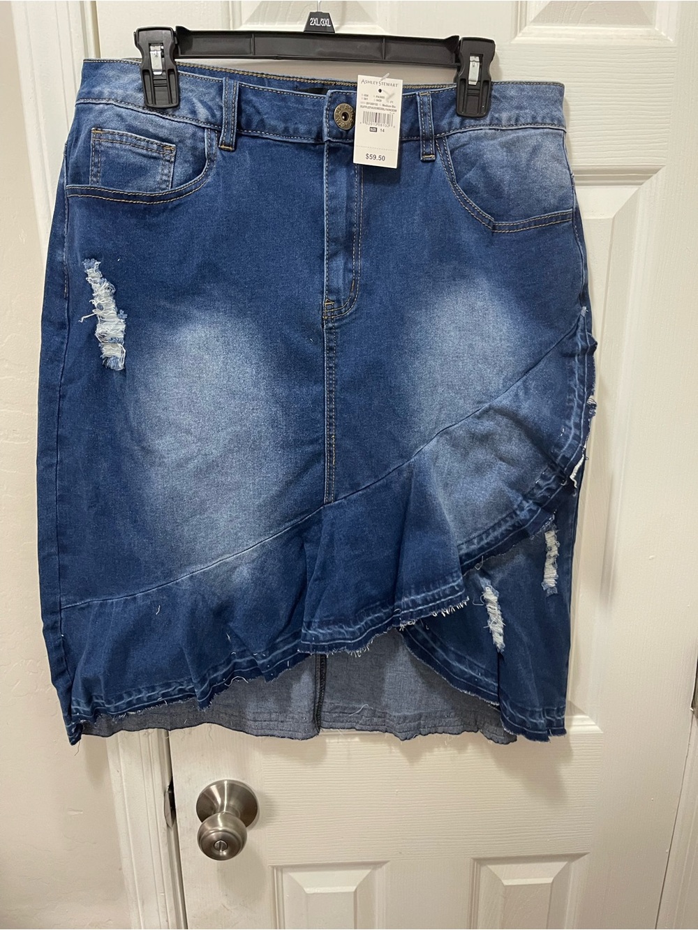 Ashley Stewart Dark Blue Distressed Ruffle Hem Denim Skirt